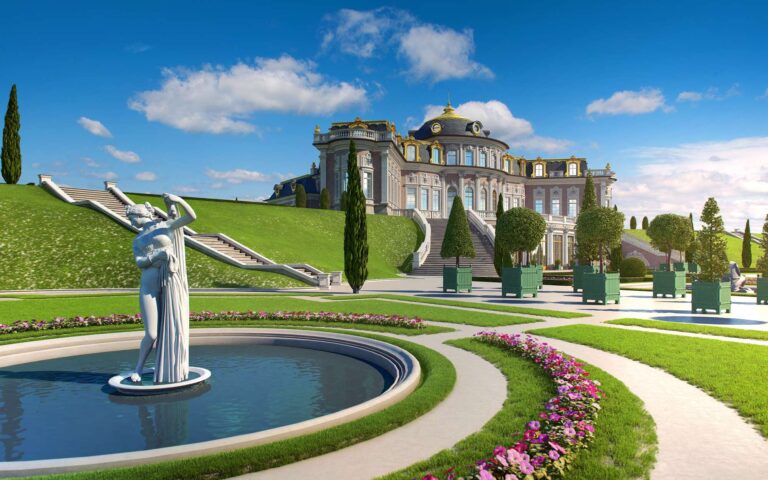 Статуи и фонтаны в оформлении экстерьера дворца