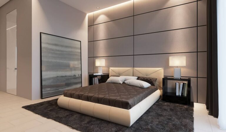 Сочетание бежевого, коричневого и черного цветов в интерьере спальни