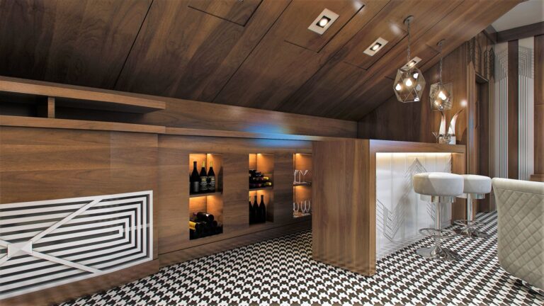 Бар с открытыми нишами в интерьере бильярдной