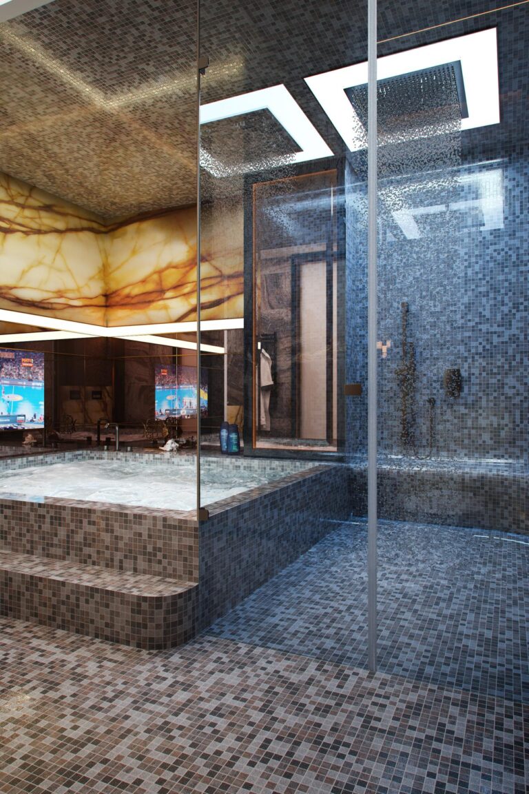 Мозаичные стены в дизайне душевой и квадратной ванной