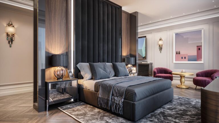 Дизайн темной спальни с кроватью с высоким стеганым изголовьем