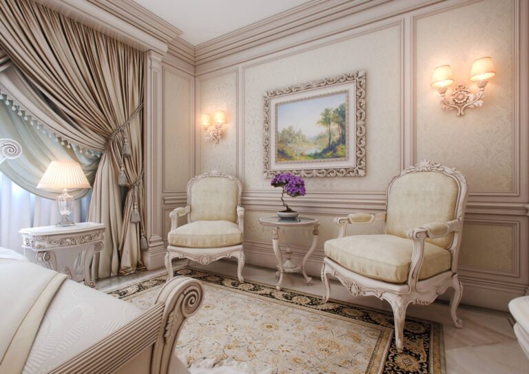 Интерьер спальни с классическими креслами и туалетным столиком