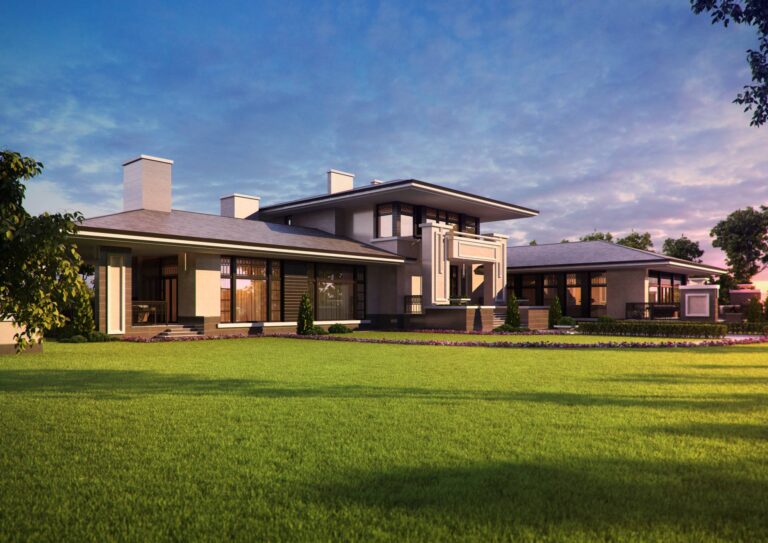 Ландшафтное оформление участка перед домом в стиле прерий