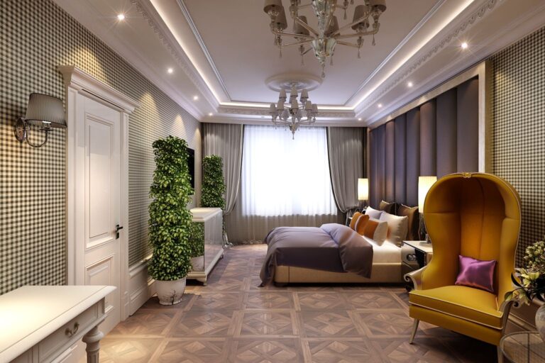 Интерьер спальни в английском стиле с клетчатыми стенами