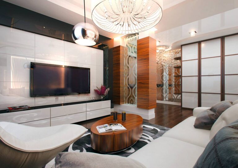 Интерьер гостиной с контрастными цветами – белый, черный, яркий темно-оранжевый