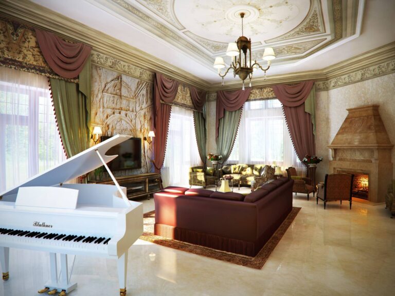 Бордовый диван и белый рояль в интерьере гостиной