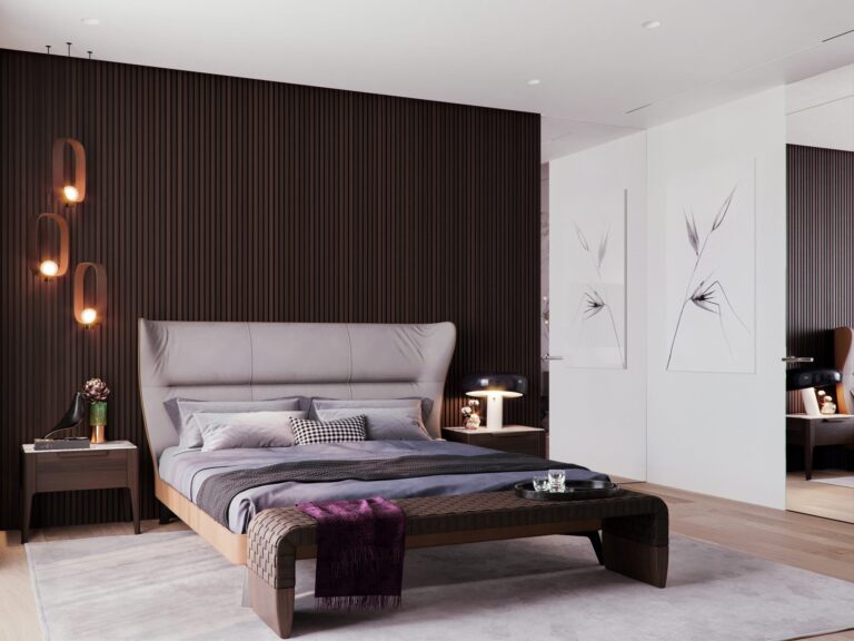 Светлая спальня с рифленой стеновой панелью кофейного оттенка