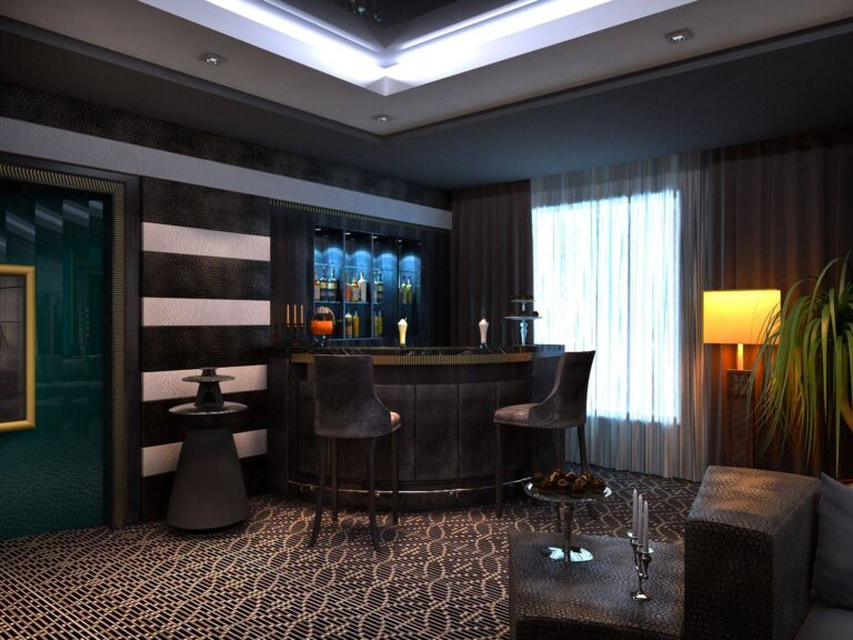 Темная барная стойка округлой формы в дизайне бара