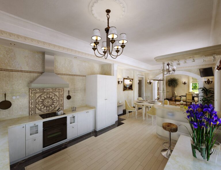 Интерьер кухни с бежевым мозаичным фартуком