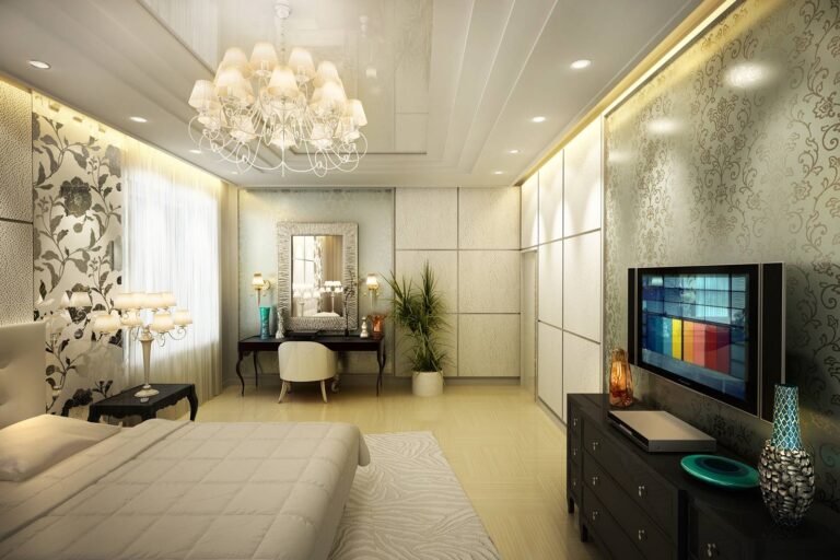 Светлый дизайн спальни с цветочным орнаментом