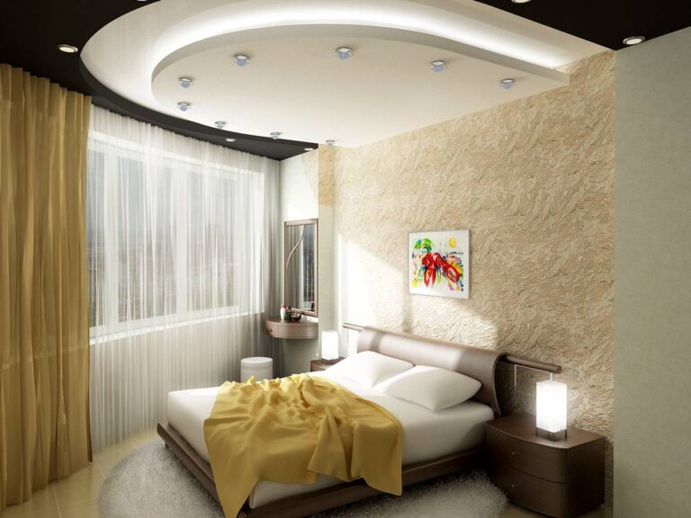 Черно-белый фигурный потолок в оформлении спальни