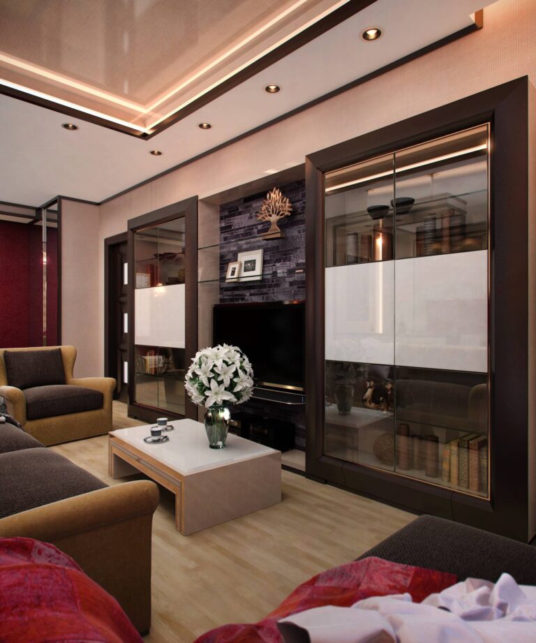 Светлая гостиная с темным шкафом-витриной цвета венге