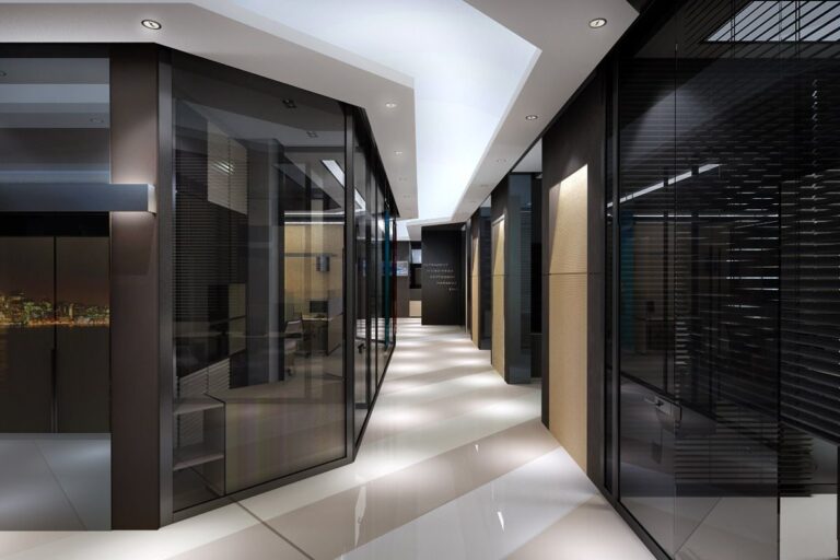 Дизайн холла в офисе в коричнево-бежевом цвете