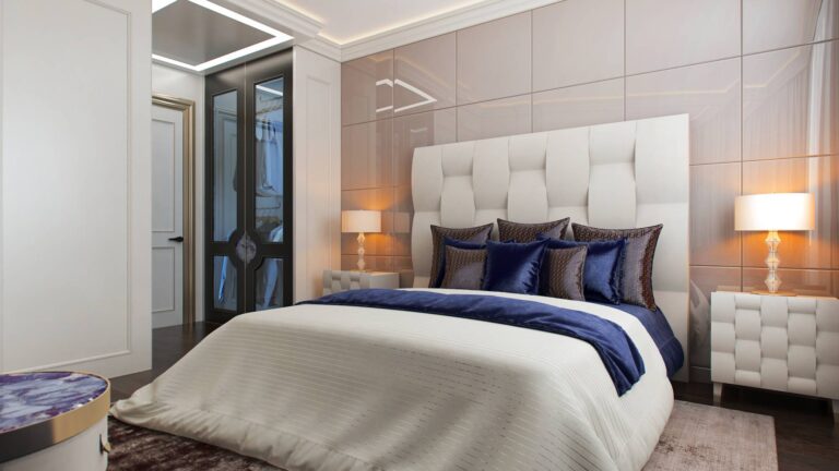 Квадратные панели на стене в интерьере спальни