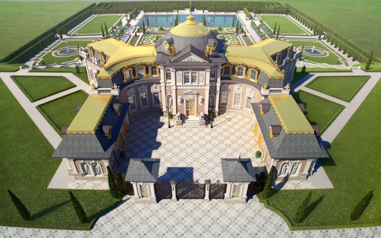 Общий вид на замок-дворец и прилегающий участок