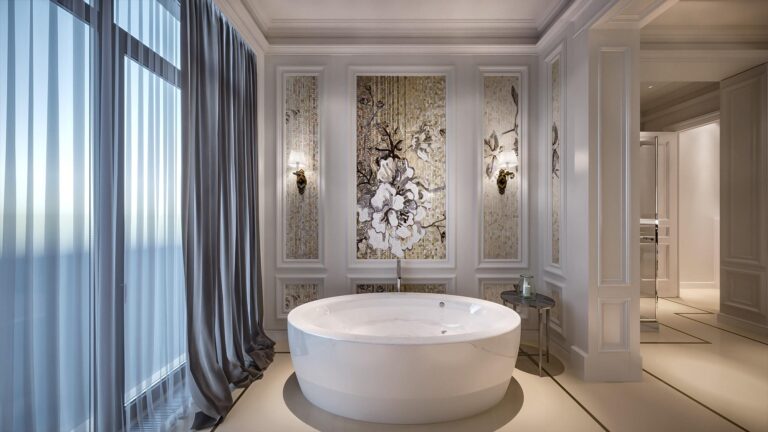 Белая круглая ванна в дизайне ванной комнаты