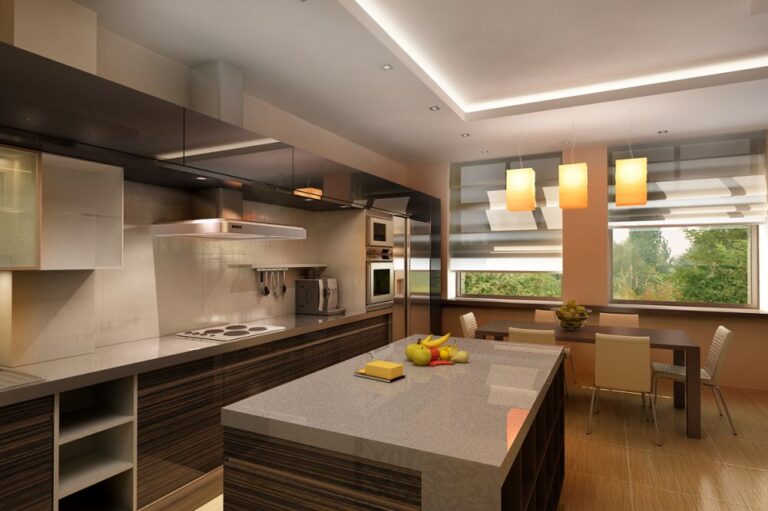 Столешницы из серого камня в интерьере кухни и столовой