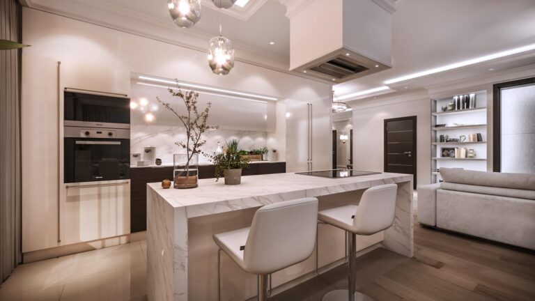 Белый мраморный стол-остров в интерьере кухни