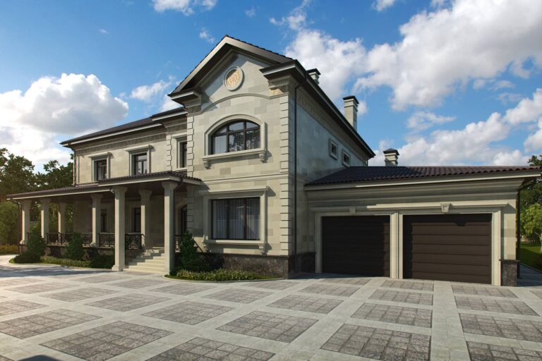 Светло-серый камень в переднем фасаде особняка