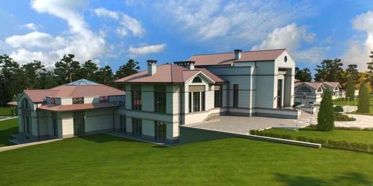 Открытая терраса и партерный газон у загородного особняка