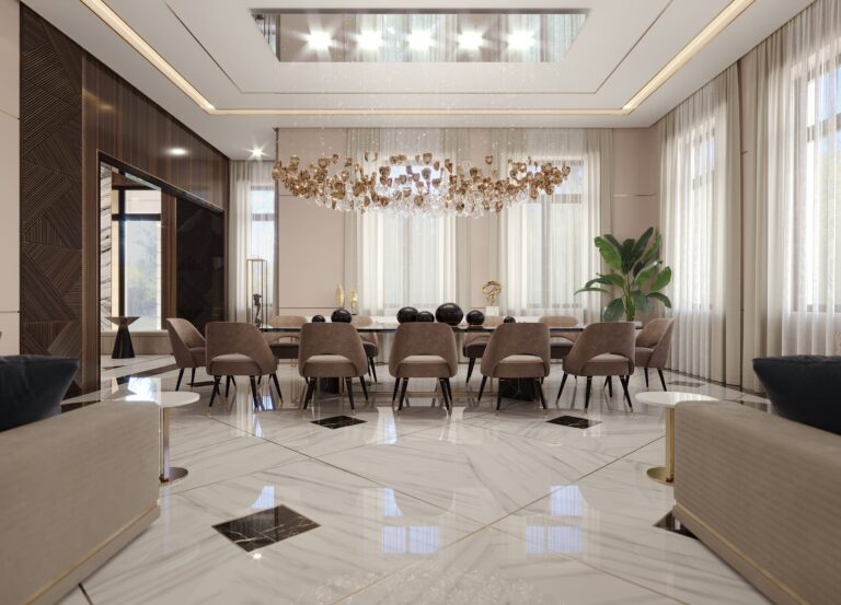 Дизайн столовой с 4 большими окнами