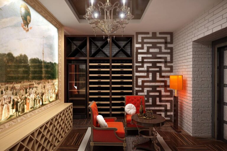 Нестандартный интерьер погреба с декором из коричневых линий