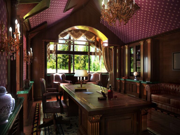 Винные стены с золотым узором в интерьере кабинета