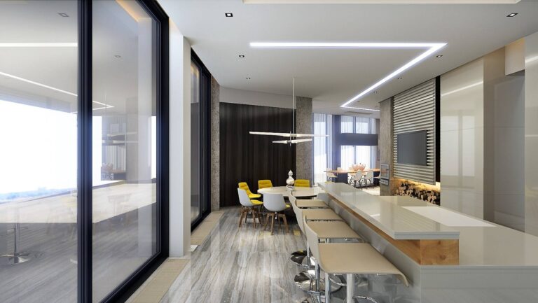 Столовая с барной стойкой и панорамными окнами-купе