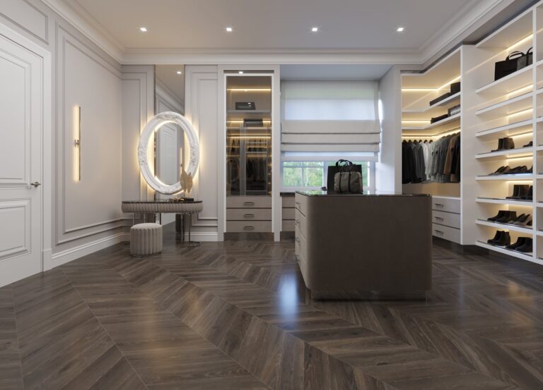 Интерьер большой гардеробной для спальни хозяев