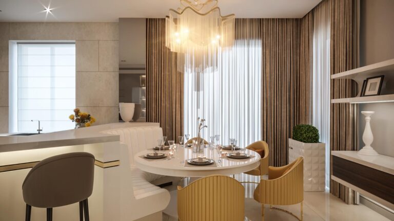 Дизайн-проект бежевой кухни с белой обеденной зоной