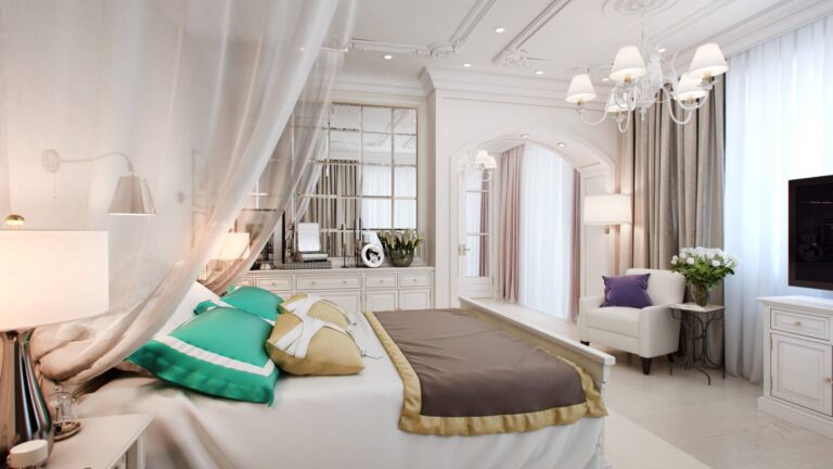 Спальня в классическом стиле с большим зеркалом из квадратных секторов