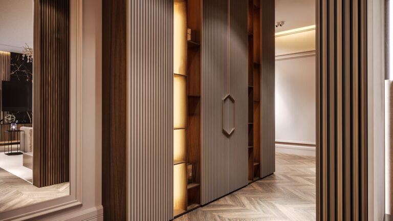 Дизайн гардеробной с отделкой деревом