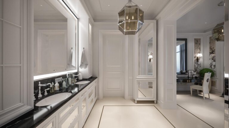 Черно-белый умывальник в интерьере ванной комнаты