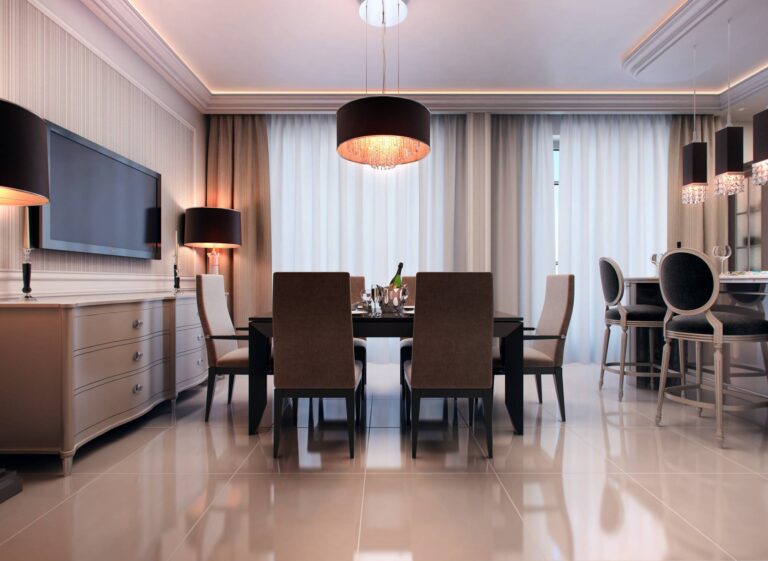 Скрытая подсветка потолка в оформлении столовой и кухни