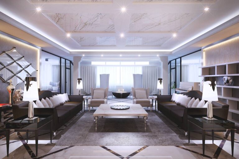 Бело-коричневая мягкая мебель в интерьере гостиной