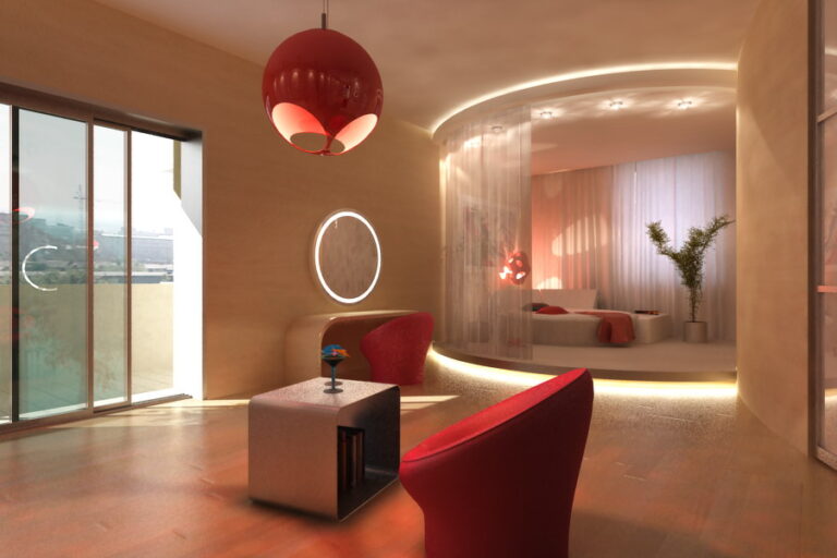 Округлый подиум для кровати в дизайне светлой спальни