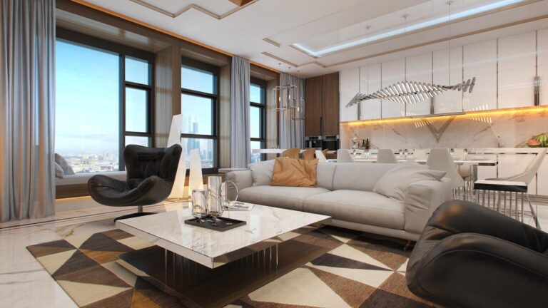 Дизайн гостиной с креслами и диваном контрастных цветов