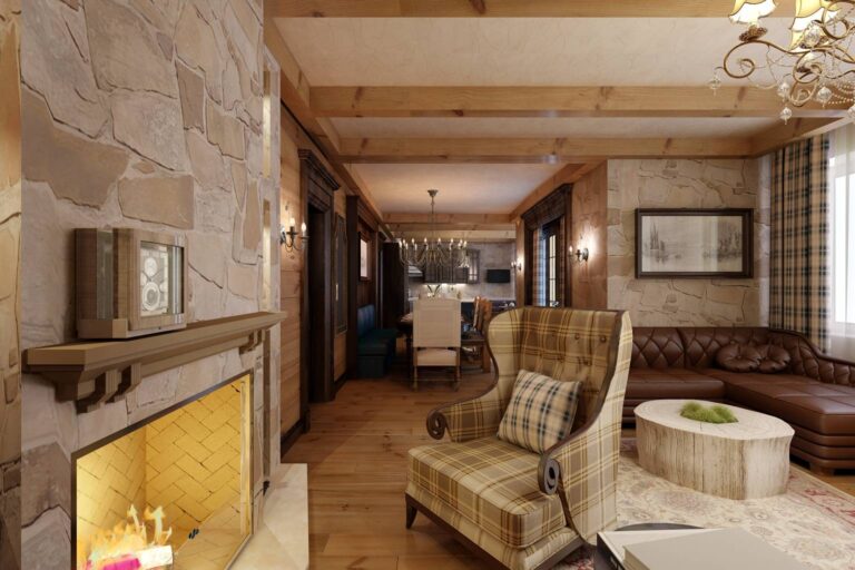 Интерьер гостиной с коричневым угловым диваном