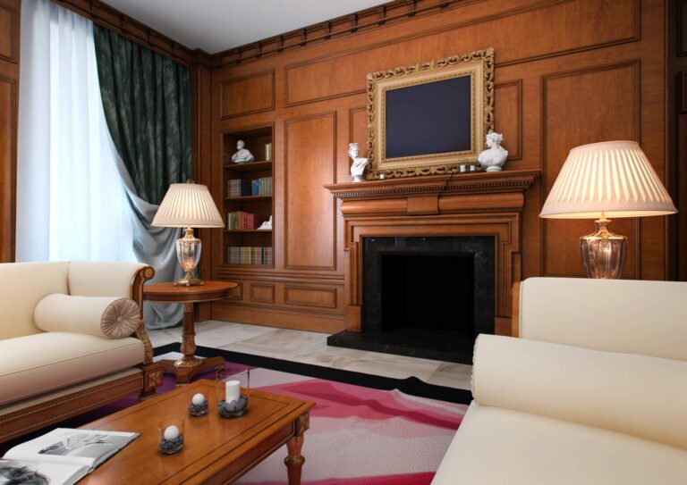 Солидный интерьер гостиной с черным встроенным камином