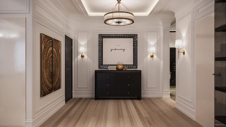 Интерьер белого холла с черным комодом