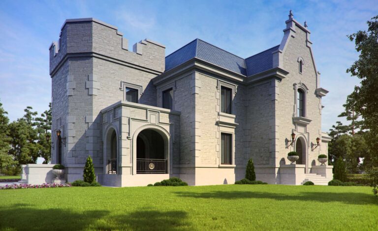 Портик на внутреннем фасаде серого каменного дома