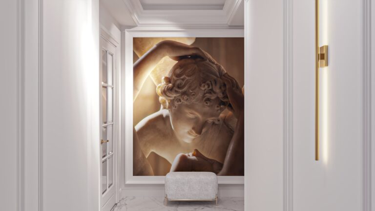 Прихожая в трешке с большим панно в античном стиле