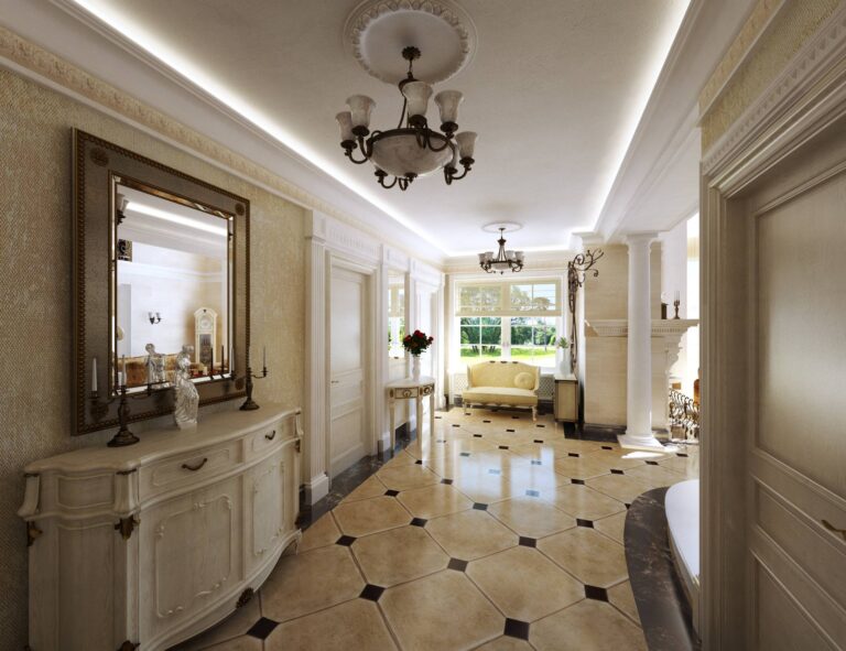 Бежево-коричневый шахматный пол в дизайне холла