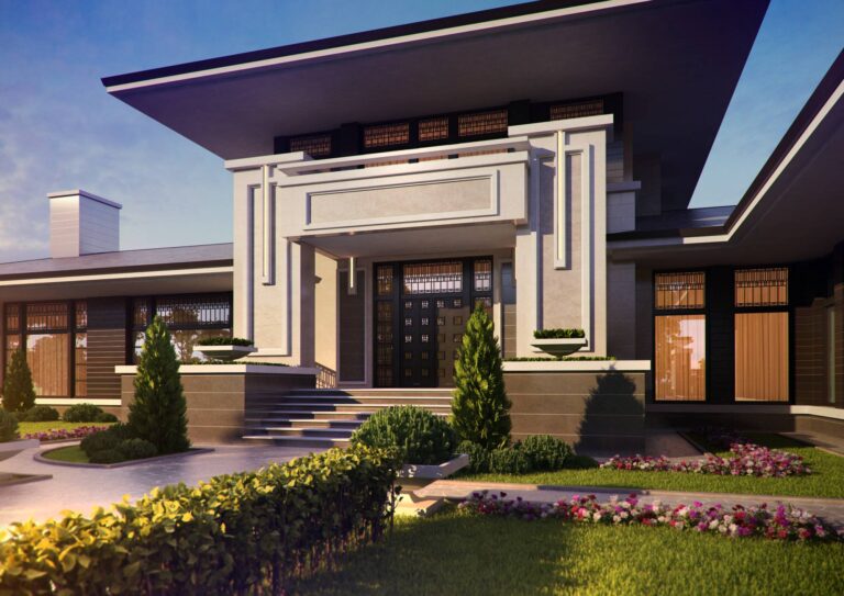 Портик дома в стиле прерий с балконом и вазонами