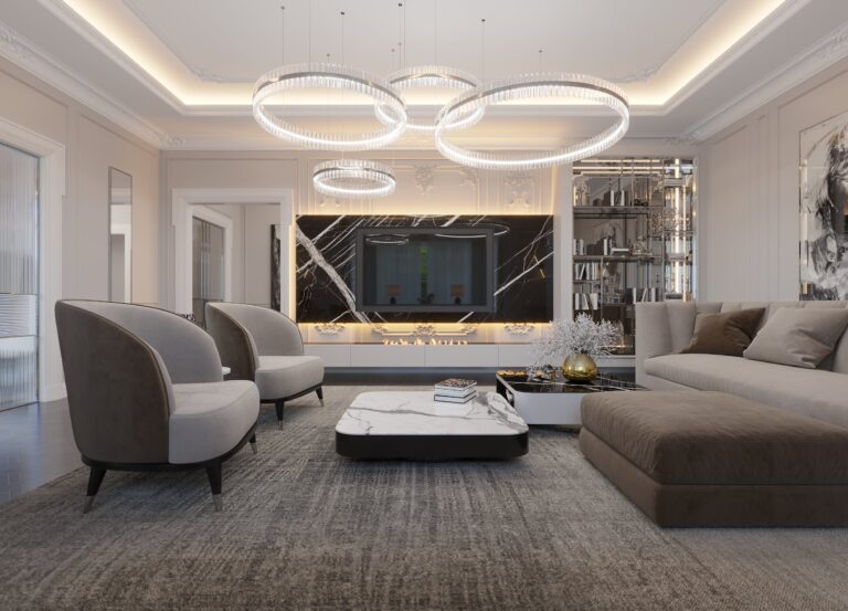 Декор стен и потолка гостиной в классическом стиле