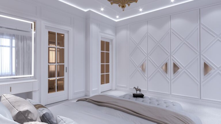 Дизайн спальни с большими белыми шкафами