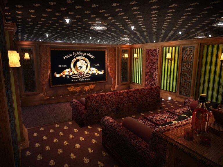 Зеленые полосы в бордовом дизайне домашнего кинозала