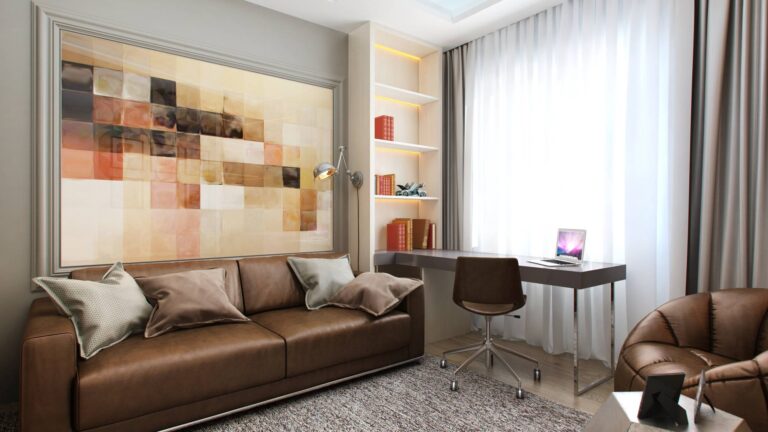 Интерьер детской с абстрактным цветным панно над диваном