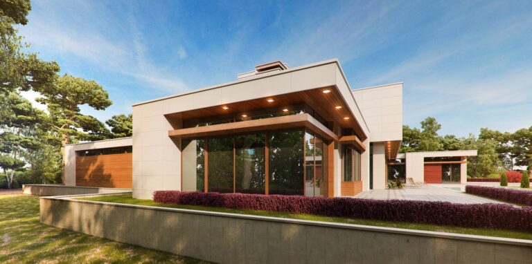 Светлое дерево и кремовая отделка в правом фасаде дома с панорамными окнами