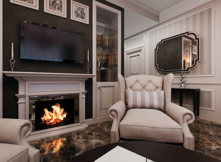 Тв-панель на коричневой стене в оформлении гостиной